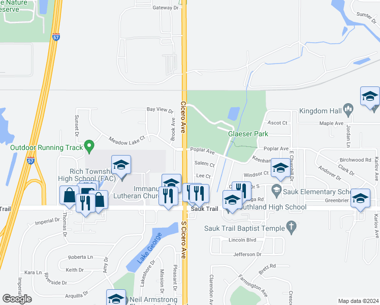 map of restaurants, bars, coffee shops, grocery stores, and more near 4760 South Cicero Avenue in Matteson