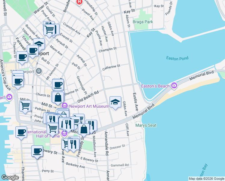 map of restaurants, bars, coffee shops, grocery stores, and more near 116 Old Beach Road in Newport