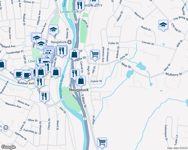 map of restaurants, bars, coffee shops, grocery stores, and more near 66 Hill Street in Naugatuck