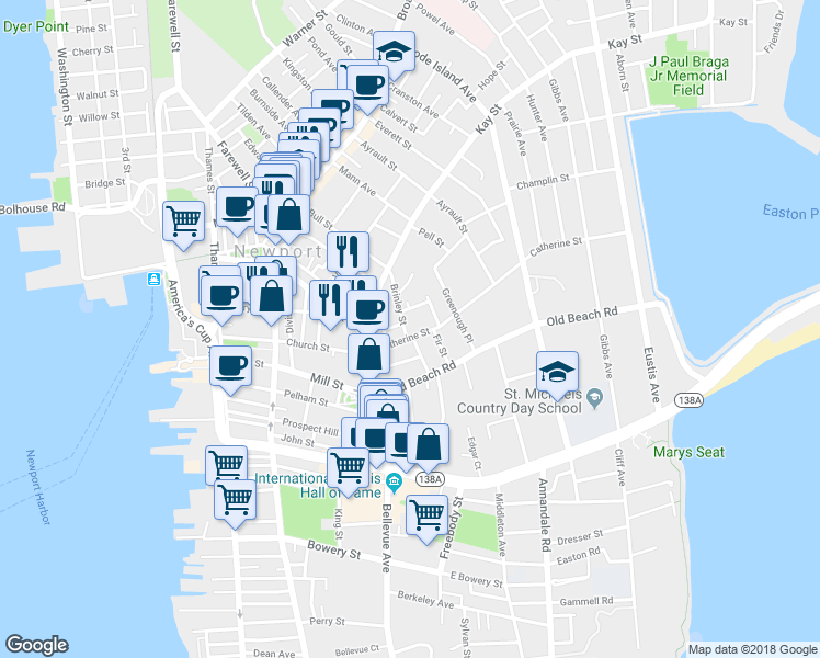 map of restaurants, bars, coffee shops, grocery stores, and more near 22 Catherine Street in Newport