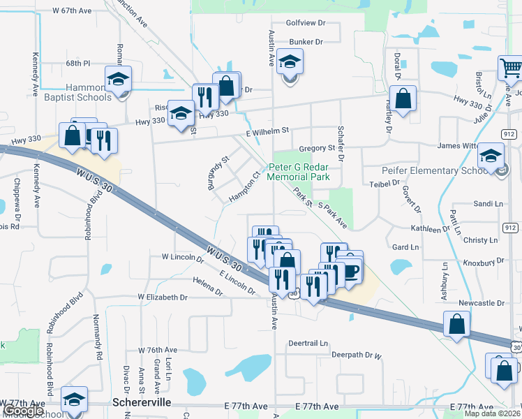 map of restaurants, bars, coffee shops, grocery stores, and more near 1832 Austin Avenue in Schererville