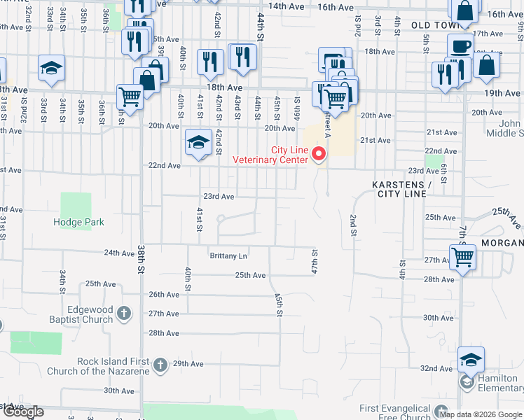 map of restaurants, bars, coffee shops, grocery stores, and more near 4409 23rd Ave in Rock Island
