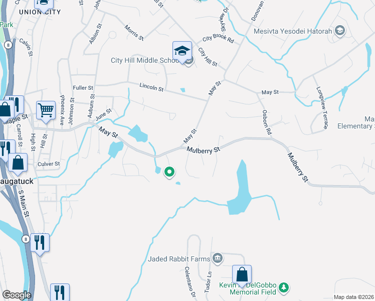 map of restaurants, bars, coffee shops, grocery stores, and more near 9 Mulberry Street in Naugatuck