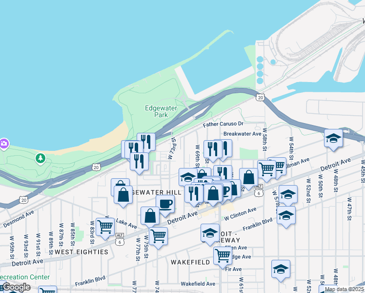 map of restaurants, bars, coffee shops, grocery stores, and more near 1222 West 70th Street in Cleveland