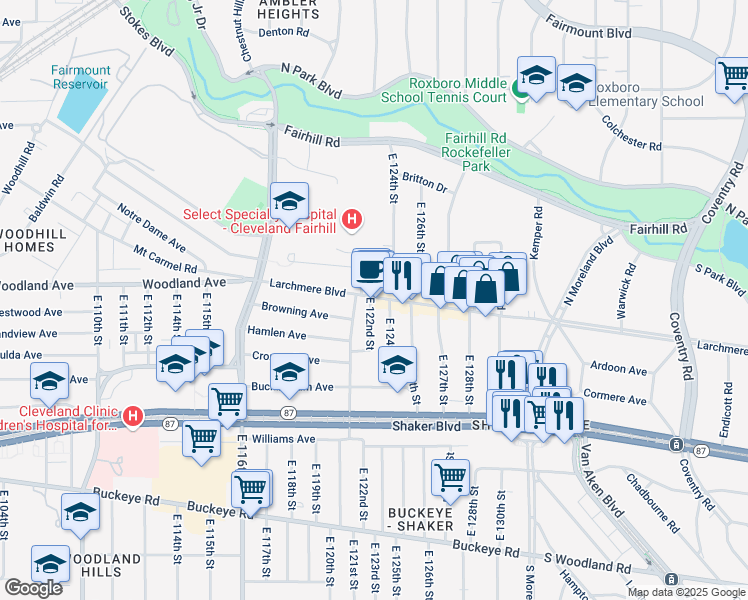 map of restaurants, bars, coffee shops, grocery stores, and more near 12212 Larchmere Boulevard in Cleveland