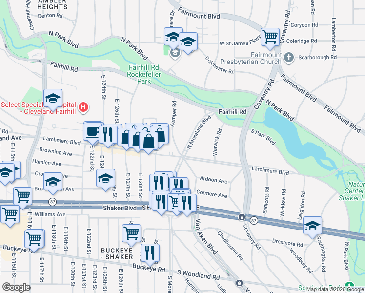 map of restaurants, bars, coffee shops, grocery stores, and more near 2590 North Moreland Boulevard in Shaker Heights