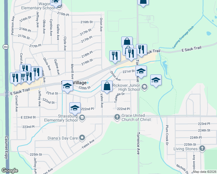 map of restaurants, bars, coffee shops, grocery stores, and more near 2215 221st Street in Sauk Village