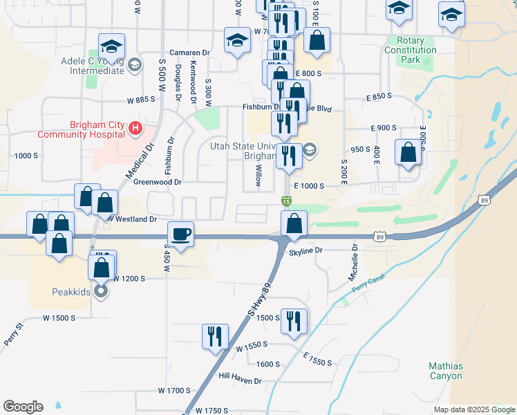 map of restaurants, bars, coffee shops, grocery stores, and more near 1060 South Main Street in Brigham City