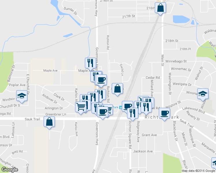 map of restaurants, bars, coffee shops, grocery stores, and more near 22064 Richton Road in Richton Park
