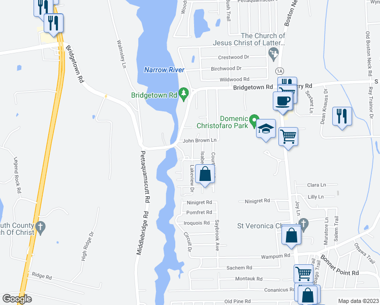 map of restaurants, bars, coffee shops, grocery stores, and more near 9 Lakeview Drive in Narragansett