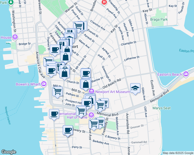 map of restaurants, bars, coffee shops, grocery stores, and more near 23 Tompkins Court in Newport