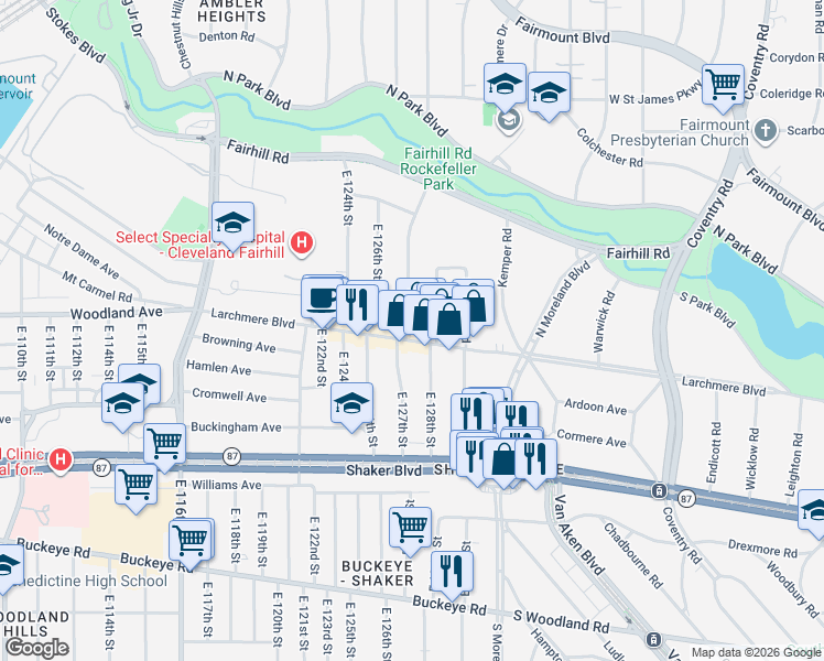 map of restaurants, bars, coffee shops, grocery stores, and more near 2563 East 127th Street in Cleveland