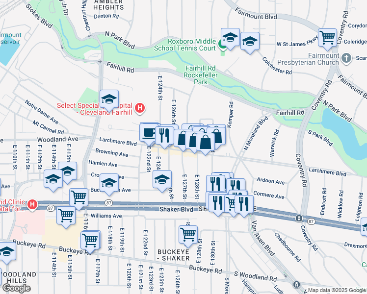 map of restaurants, bars, coffee shops, grocery stores, and more near 2563 East 127th Street in Cleveland
