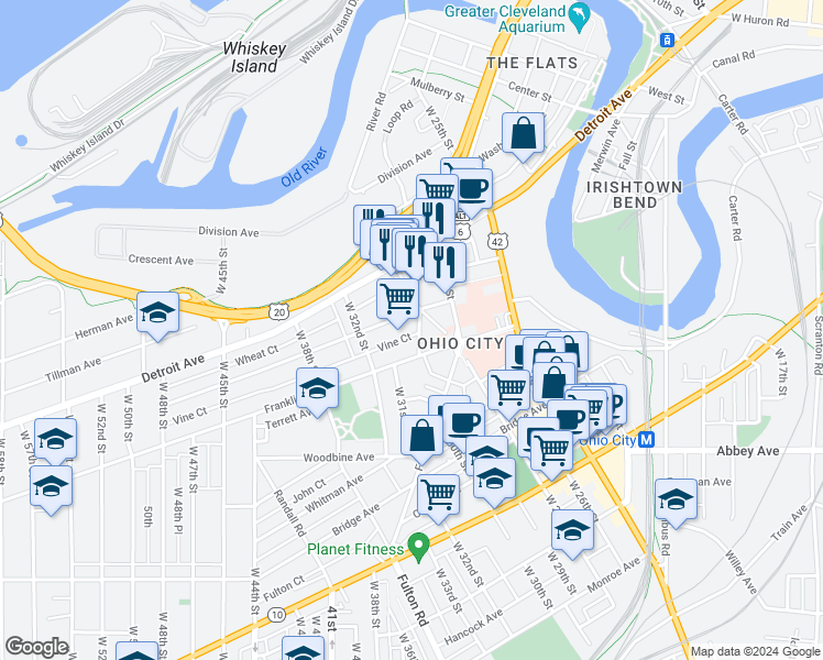 map of restaurants, bars, coffee shops, grocery stores, and more near 2916 Clinton Avenue in Cleveland