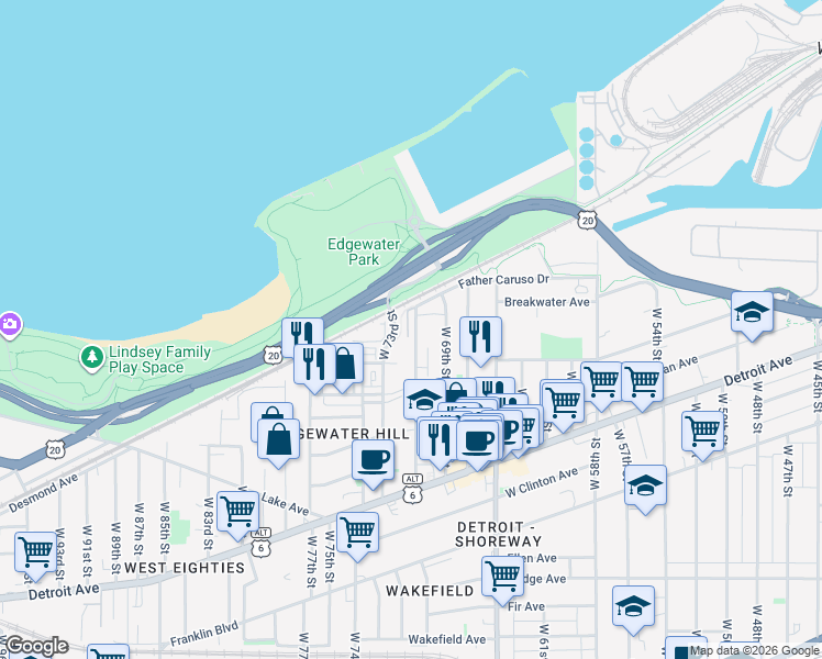 map of restaurants, bars, coffee shops, grocery stores, and more near 1222 West 70th Street in Cleveland