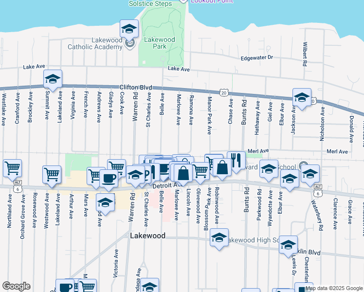 map of restaurants, bars, coffee shops, grocery stores, and more near 1289 Marlowe Avenue in Lakewood