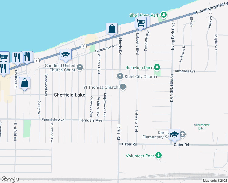 map of restaurants, bars, coffee shops, grocery stores, and more near 690 Harris Road in Sheffield Lake