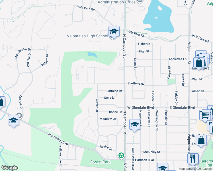 map of restaurants, bars, coffee shops, grocery stores, and more near 400-798 Sheffield Dr in Valparaiso