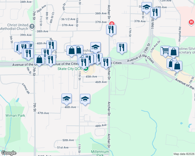 map of restaurants, bars, coffee shops, grocery stores, and more near 1168 45th Avenue in East Moline
