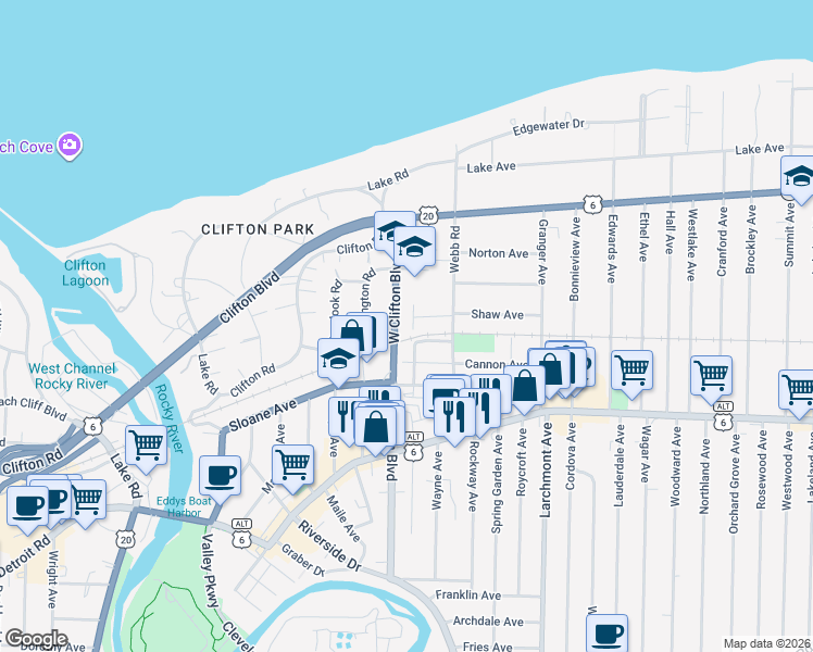 map of restaurants, bars, coffee shops, grocery stores, and more near 1251 West Clifton Boulevard in Lakewood
