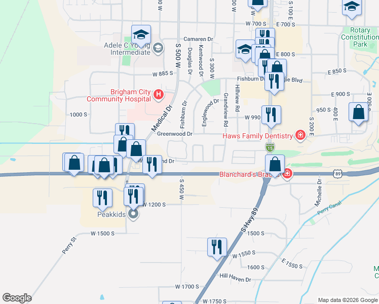 map of restaurants, bars, coffee shops, grocery stores, and more near 649 Anderson Drive in Brigham City