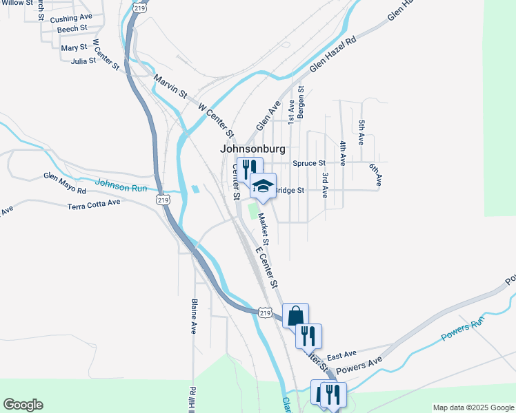 map of restaurants, bars, coffee shops, grocery stores, and more near Market Street in Johnsonburg
