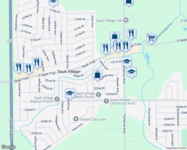 map of restaurants, bars, coffee shops, grocery stores, and more near 2159 221st Street in Sauk Village
