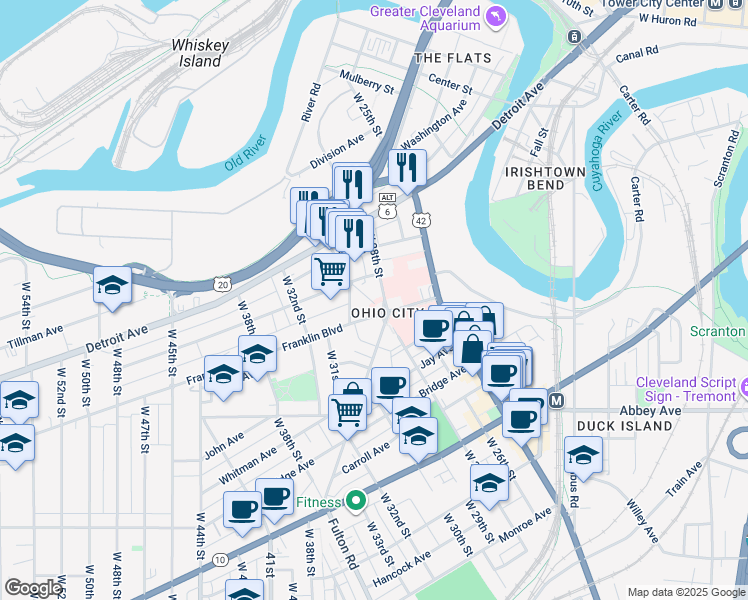 map of restaurants, bars, coffee shops, grocery stores, and more near 2800 Franklin Boulevard in Cleveland
