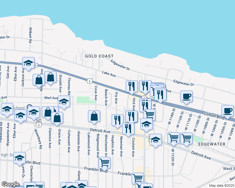 map of restaurants, bars, coffee shops, grocery stores, and more near in Lakewood