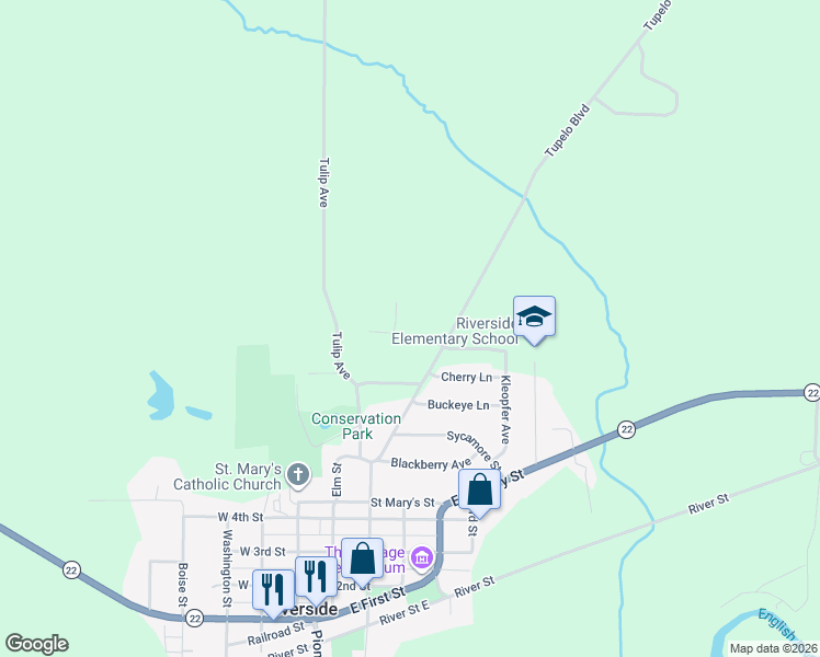 map of restaurants, bars, coffee shops, grocery stores, and more near 1155 Tupelo Boulevard in Riverside
