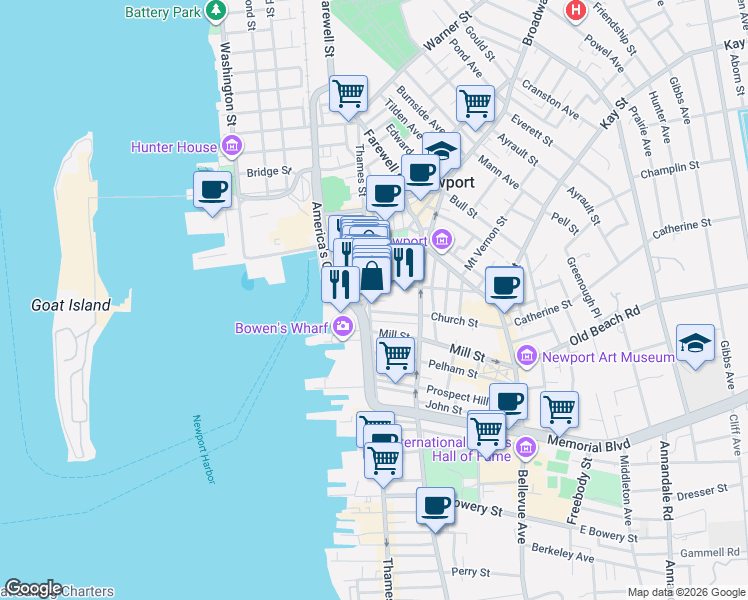 map of restaurants, bars, coffee shops, grocery stores, and more near 20 Mary Street in Newport