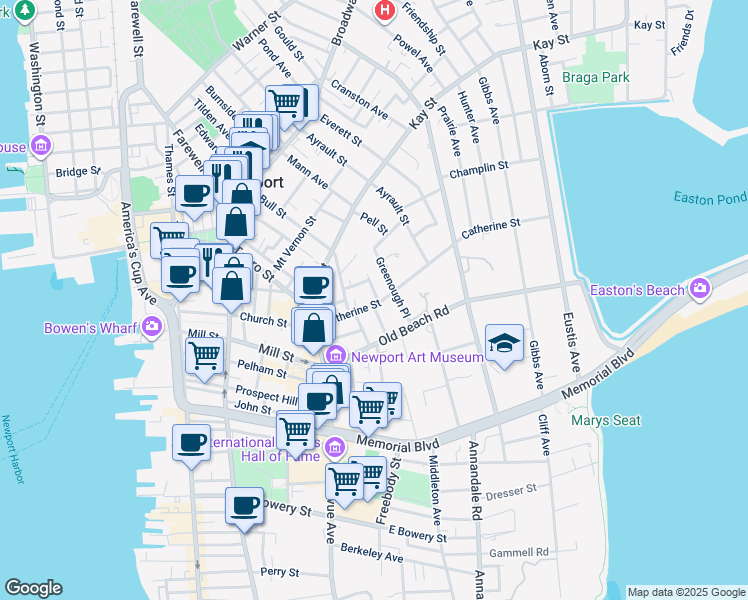 map of restaurants, bars, coffee shops, grocery stores, and more near 23 Tompkins Court in Newport