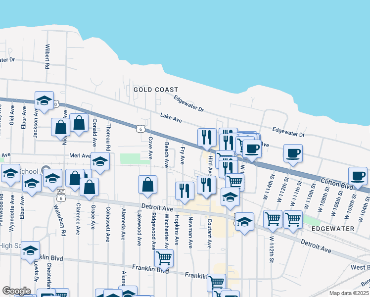 map of restaurants, bars, coffee shops, grocery stores, and more near 11857 Clifton Boulevard in Lakewood
