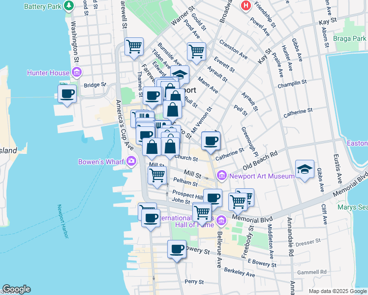 map of restaurants, bars, coffee shops, grocery stores, and more near 20 School Street in Newport