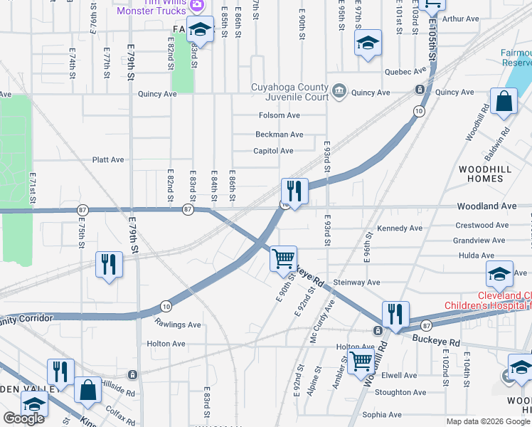 map of restaurants, bars, coffee shops, grocery stores, and more near 8708 Woodland Avenue in Cleveland