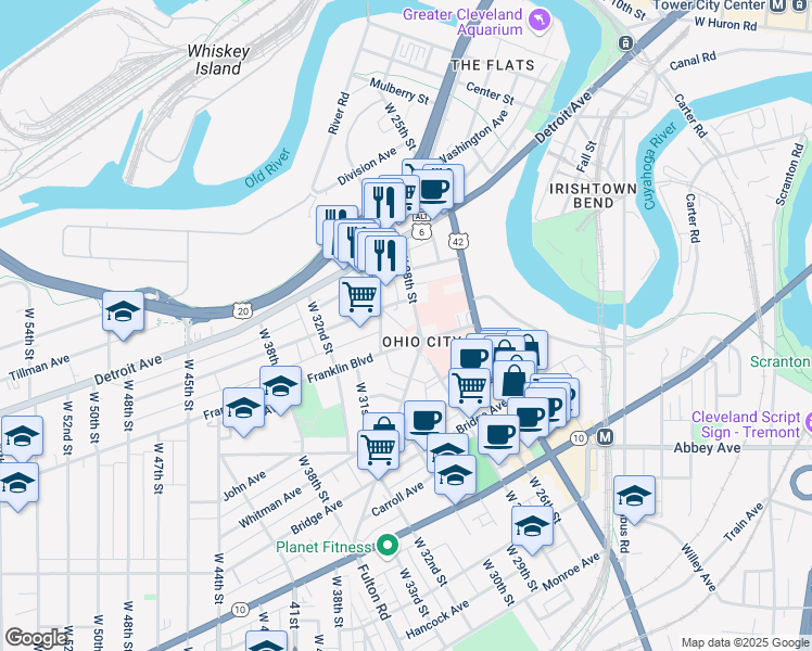 map of restaurants, bars, coffee shops, grocery stores, and more near 1536 West 28th Street in Cleveland