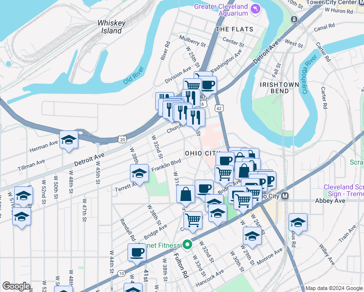 map of restaurants, bars, coffee shops, grocery stores, and more near 2916 Clinton Avenue in Cleveland