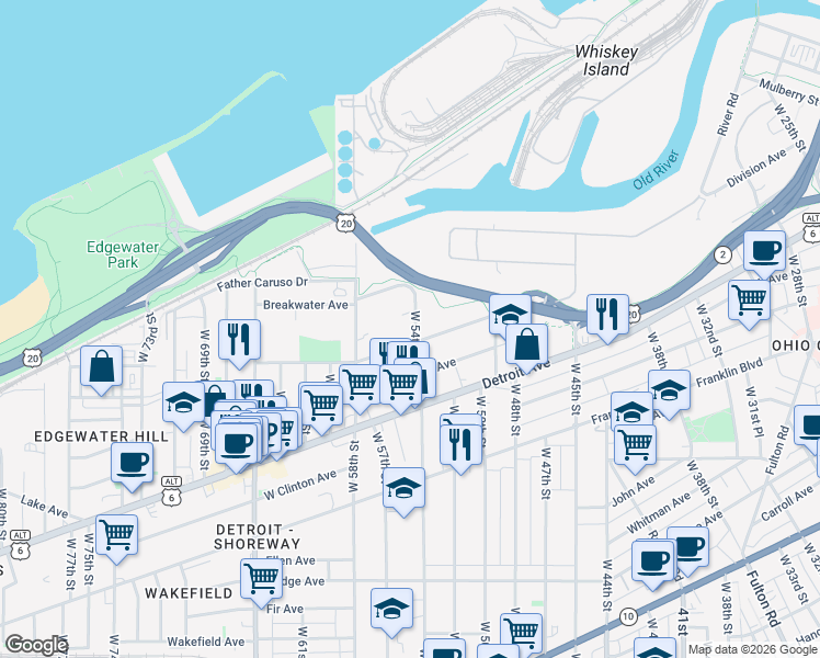 map of restaurants, bars, coffee shops, grocery stores, and more near 5407 Stone Avenue in Cleveland