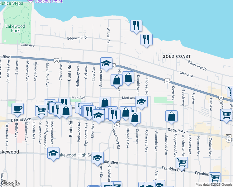 map of restaurants, bars, coffee shops, grocery stores, and more near 13406 Harlon Avenue in Lakewood
