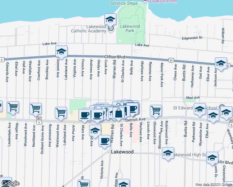 map of restaurants, bars, coffee shops, grocery stores, and more near 1280 Warren Road in Lakewood