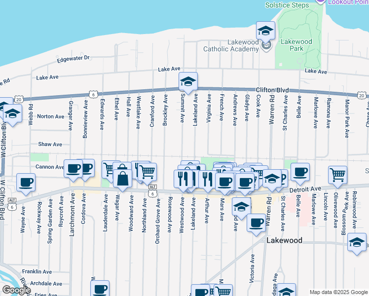 map of restaurants, bars, coffee shops, grocery stores, and more near 1279 Summit Avenue in Lakewood