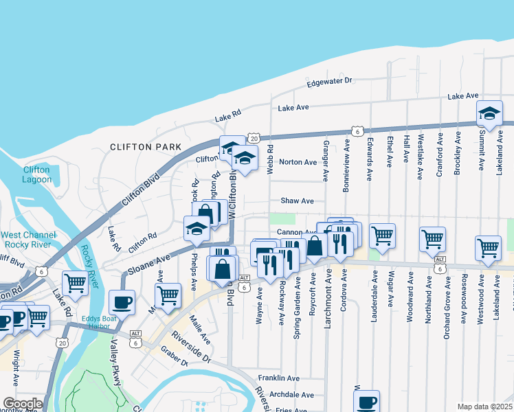 map of restaurants, bars, coffee shops, grocery stores, and more near 1264 Webb Road in Lakewood