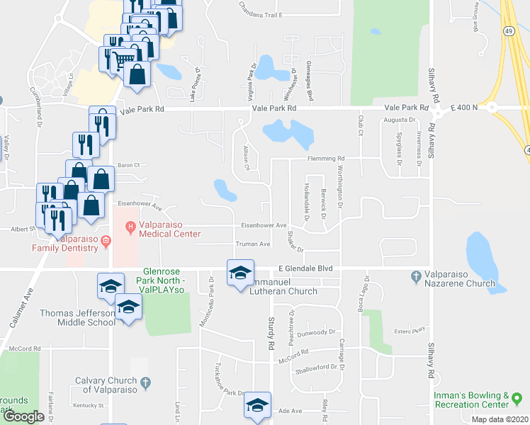 map of restaurants, bars, coffee shops, grocery stores, and more near 2207 Sturdy Road in Valparaiso