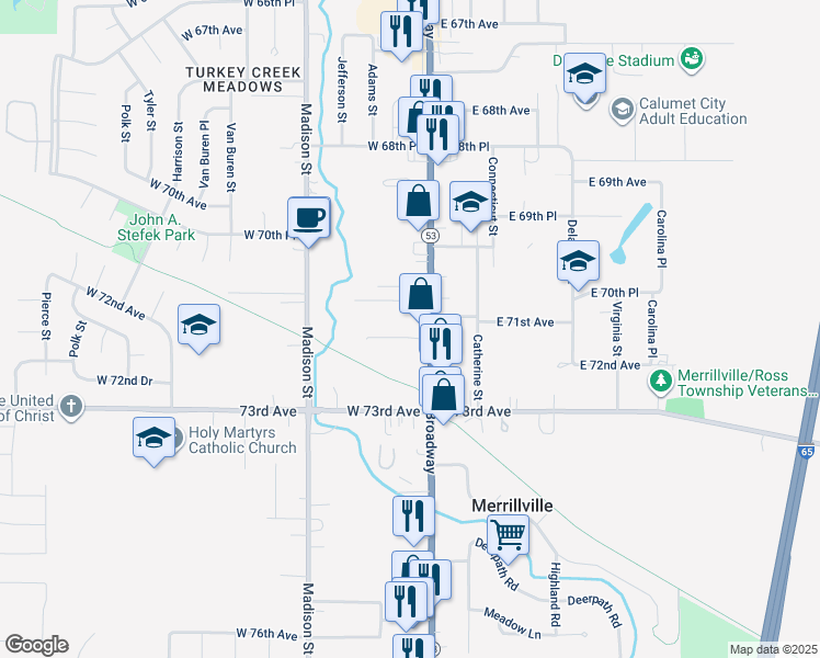 map of restaurants, bars, coffee shops, grocery stores, and more near 7124 Broadway in Merrillville