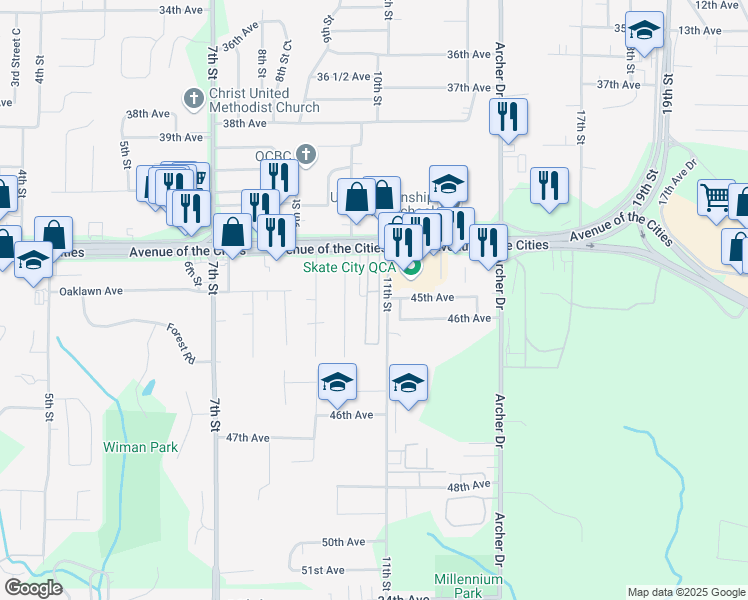 map of restaurants, bars, coffee shops, grocery stores, and more near 4238 10th Street in East Moline