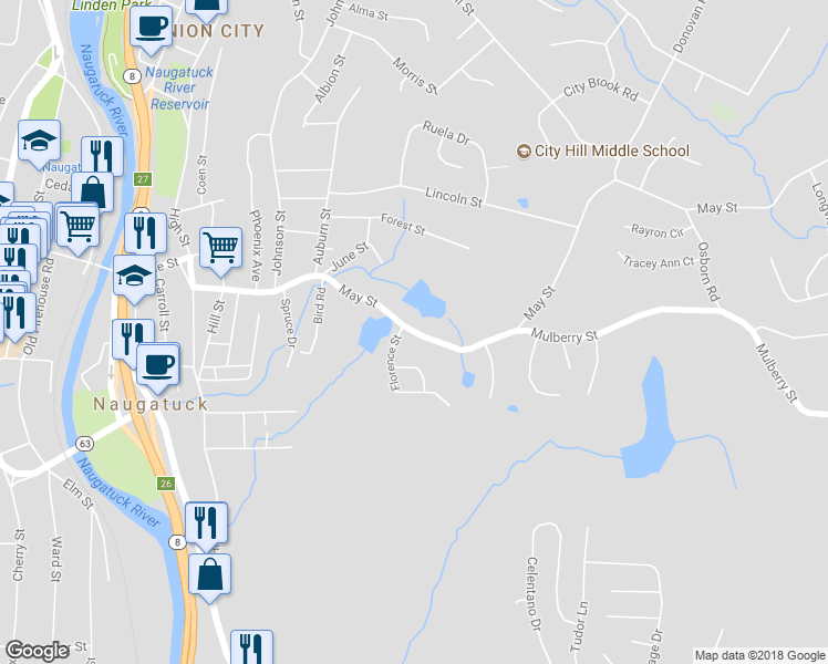 map of restaurants, bars, coffee shops, grocery stores, and more near 159 May Street in Naugatuck