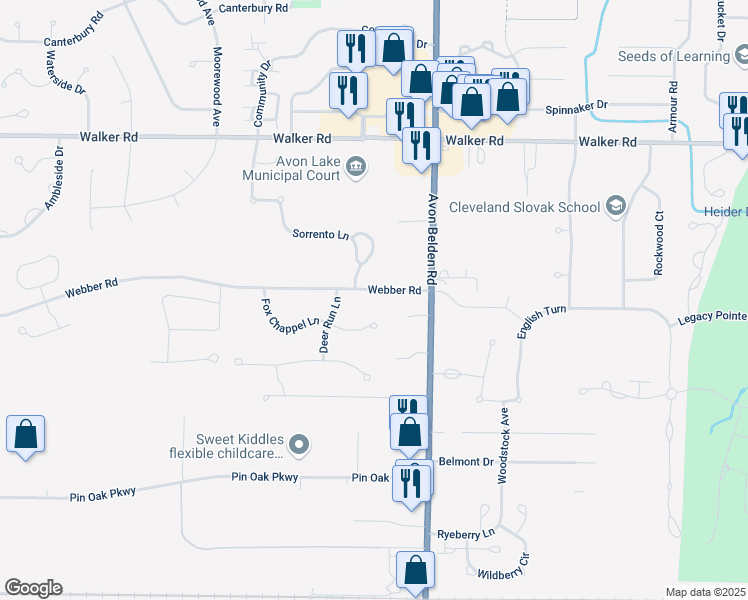 map of restaurants, bars, coffee shops, grocery stores, and more near 32791 Webber Road in Avon Lake