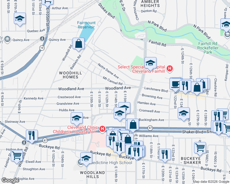 map of restaurants, bars, coffee shops, grocery stores, and more near 11221 Woodland Avenue in Cleveland