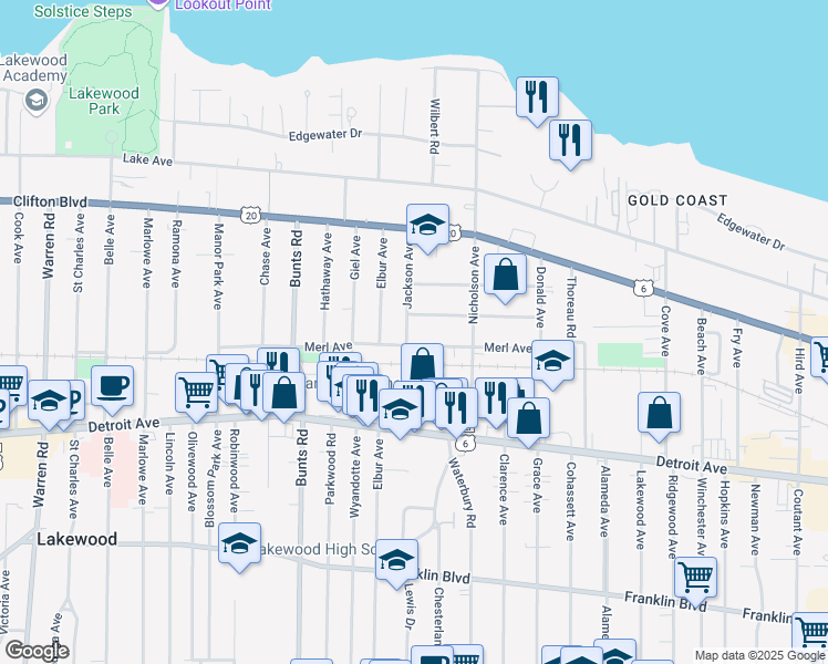 map of restaurants, bars, coffee shops, grocery stores, and more near 1301 Jackson Avenue in Lakewood