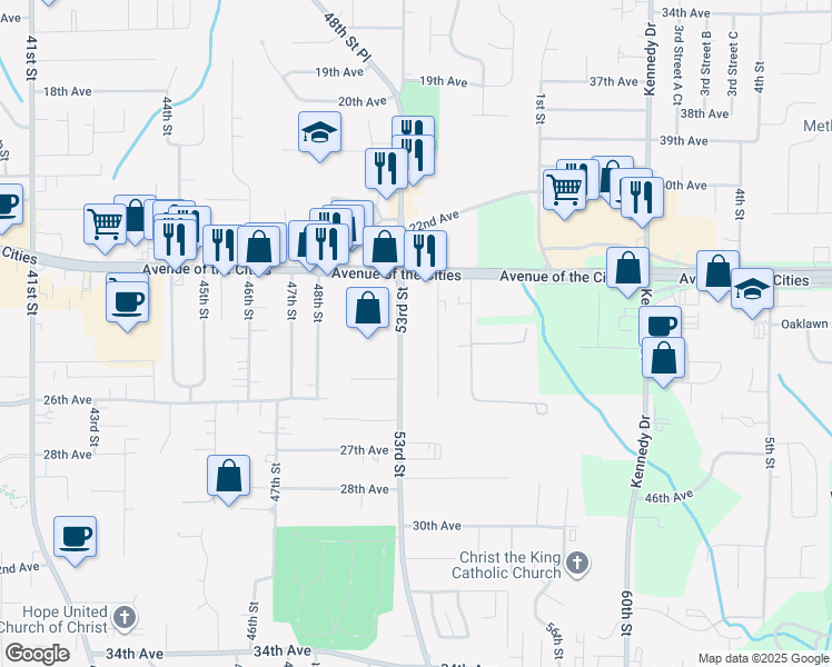 map of restaurants, bars, coffee shops, grocery stores, and more near 2340 53rd Street in Moline